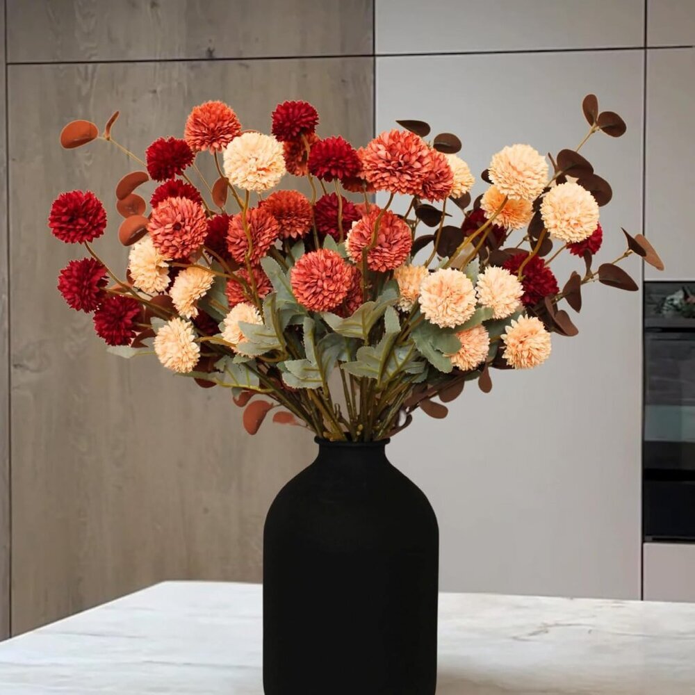 Orange Faux Kiku Flowers for Vase 10 Long Stem Artificial Flower with Eucalyptus